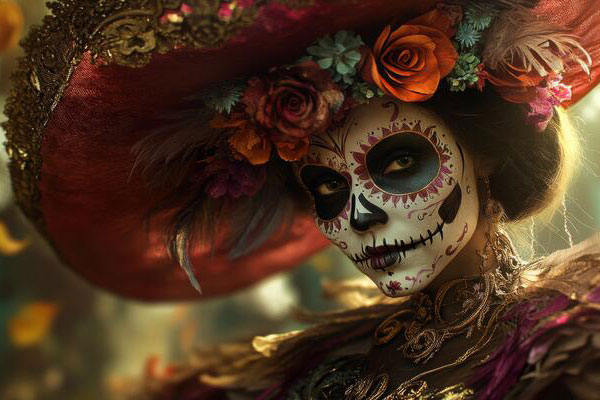 a-woman-in-a-red-and-gold-sombrero-with-day-of-the-dead-makeup-photo